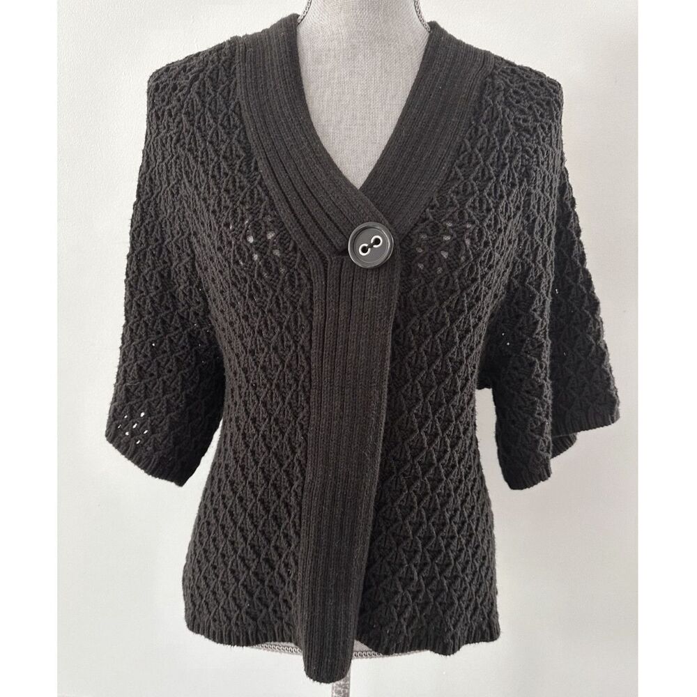 Vintage Liz Wear Liz Claiborne Black Open Knit Short Sleeve Cardigan Sweater XL